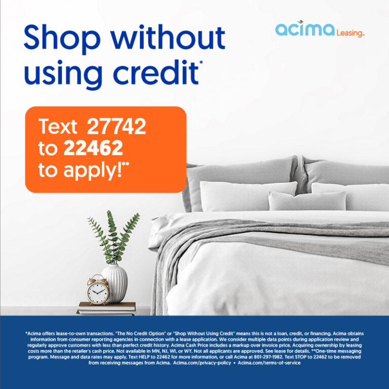 Acima Leasing Mattress Promo: No credit card needed and Text to apply